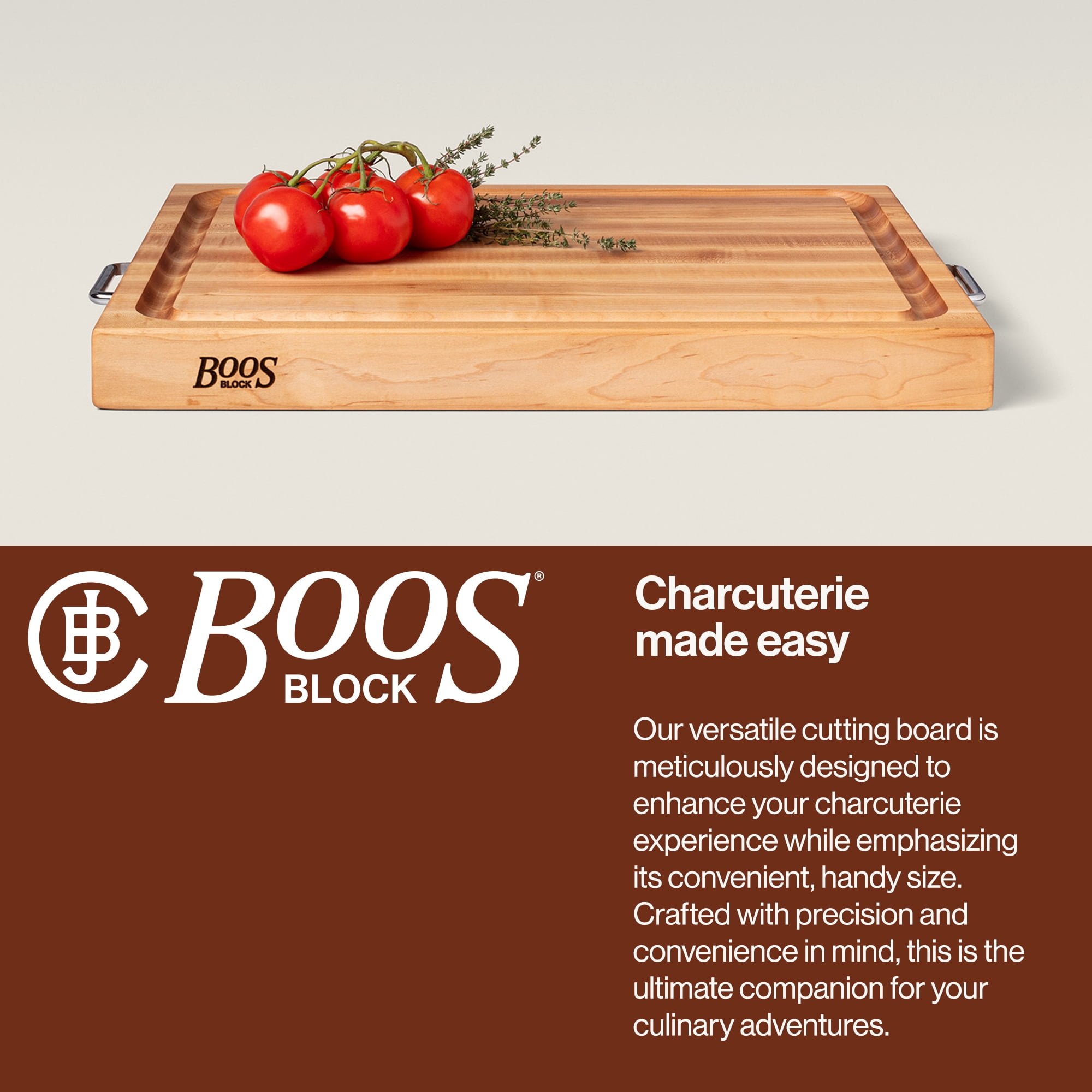 John Boos Handle Board Reversible Wood Cutting Board with Handles, Maple