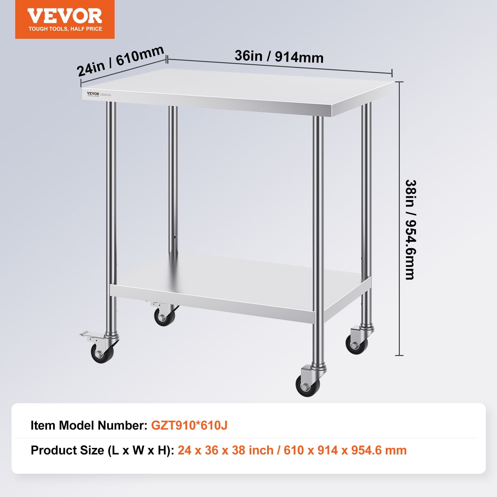 VEVOR Stainless Steel Work Table 24 x 36 x 38 Inch, with 4 Wheels, 3 Adjustable Height Levels, Heavy Duty Food Prep Worktable for Commercial Kitchen Restaurant, Silver
