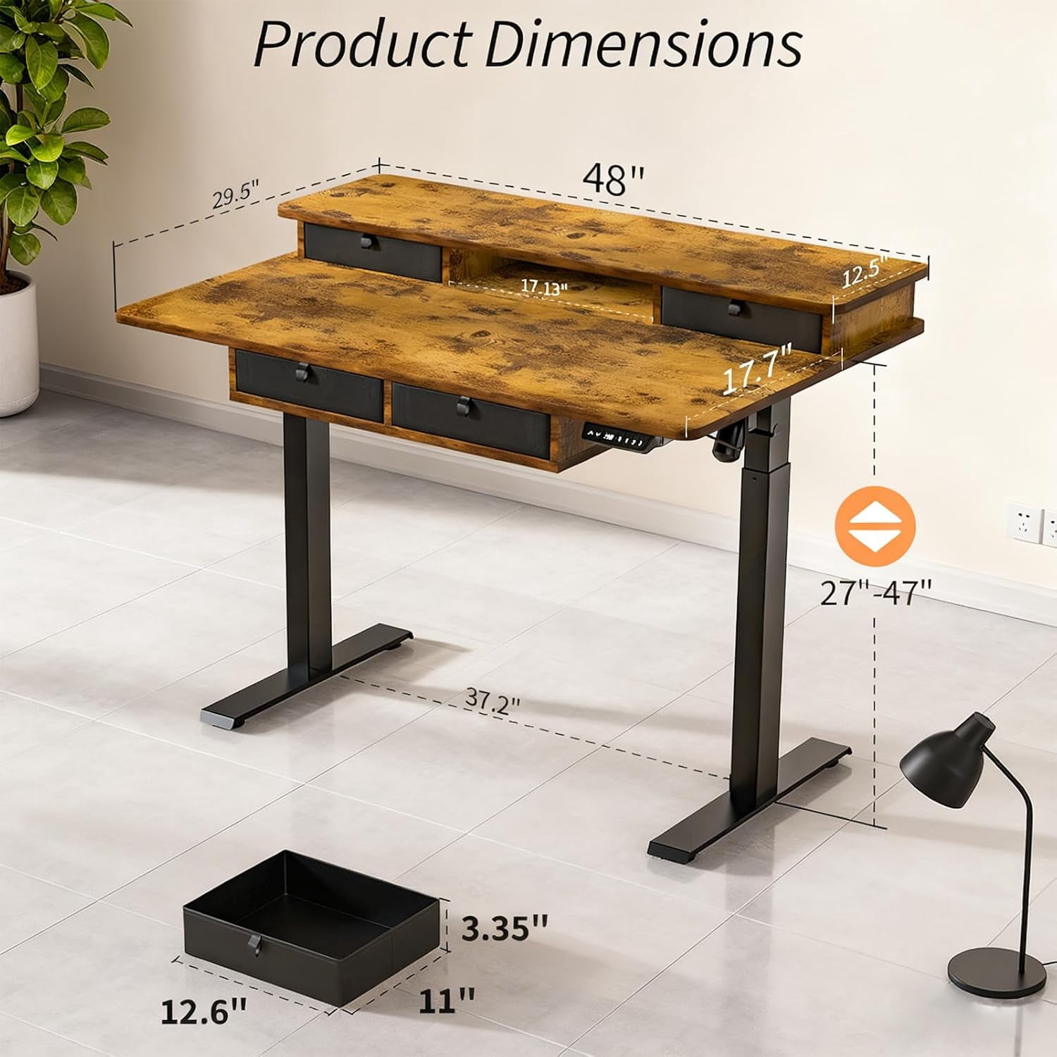 Standing Desk with Fast Charging USB Ports, 48" x 30" Width Worktop Desk, 4 Drawers Ergonomic Sit Stand Desk for Home Office Work, Cable Management, 3 Preset Heights & 2 Hooks(Rustic Brown)