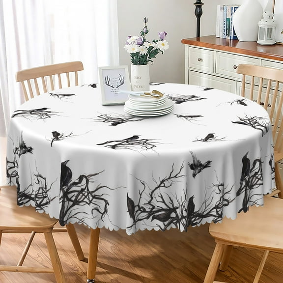 Nanqianyi Halloween Tablecloth 70x70 Inch Round, Crow Tree Washable Table Cover for Party Picnic Dinner Decoration