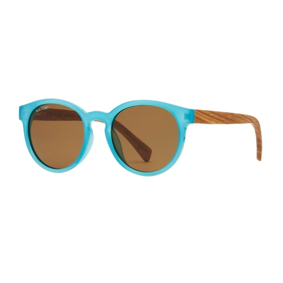 Reagan Frost Clear/Walnut Wood Round Polarized Sunglasses, Ice Blue Mirror Lens, Recycled Plastic Frame, Premium Wood, 100% UVA/UVB, Eco-Friendly Sunglasses by Blue Planet