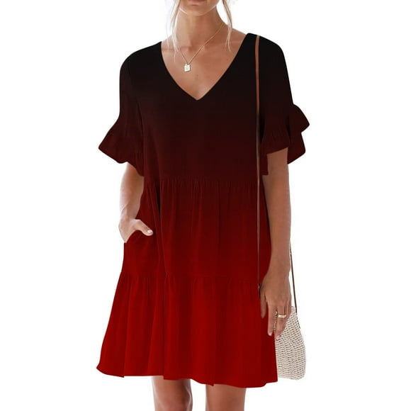 SEAOPEN Deals Women's Smocked Waist Dress Short Sleeve Tiered Ruffle Skirt Boho Style Red,L