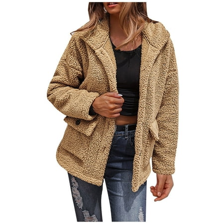 

mveomtd Women s Turndown Collar Solid Color Thick Slim Sweatshirt Long Sleeve Plush Coat Maternity plus Size Jacket Yellow