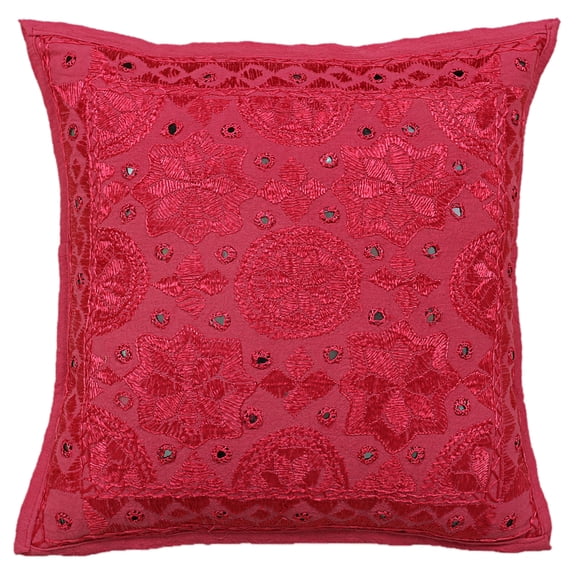 Stylo Culture Indian Boho Sofa Throw Pillow Cover 16x16 Hand Embroidered Pink Boho 40 x 40 cm Bedroom Decor Pillowcase Cotton Mirrored Square Cushion Cover | 1 Pc