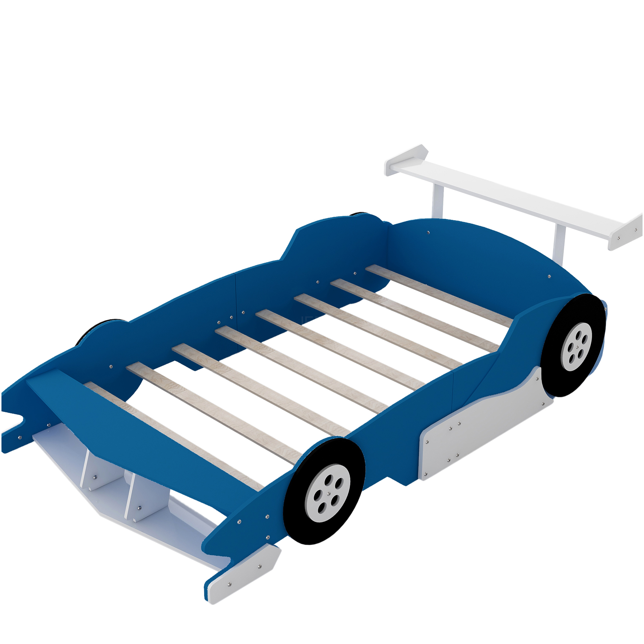 JERFIT Full Size Race Car Platform Bed with Wheels, Blue, Sturdy Plywood Frame for Modern Bedrooms
