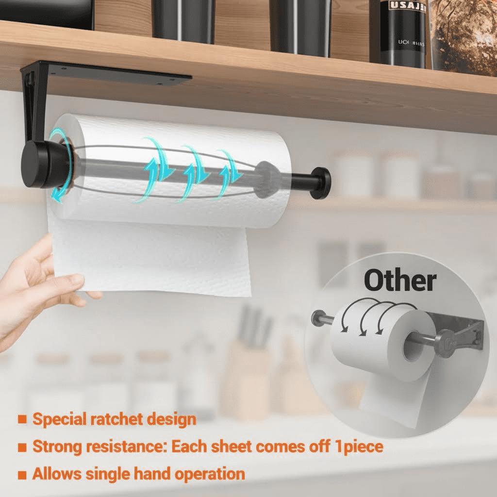 Under Cabinet Paper Towel Holder, Single-Hand Operated Wall Mount with Damping Effect, Self-Adhesive or Drill Installation for Kitchen and Bathroom, Black
