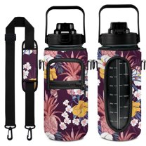 Pineapple 64 Oz Half Gallon Water Bottle with Sleeve - BPA Free Leakproof Sport Large Plastic Water Bottle with Straw Strap & Insulated Neoprene Holder Carrier Bag Great Gift for Women Men