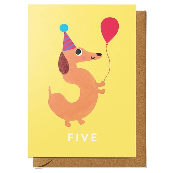 Cute Dachshund Birthday Card – “Five” with Balloon Design – Ideal for Kids’ Birthdays – Includes Envelope, Blank Inside for Personal Messages