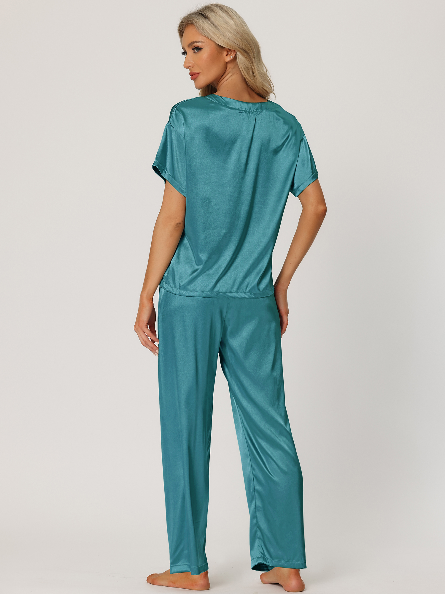 DARING DIVA Women's Satin Pajamas Sleepwear Summer Outfits Short Sleeves Tops S Peacock Green