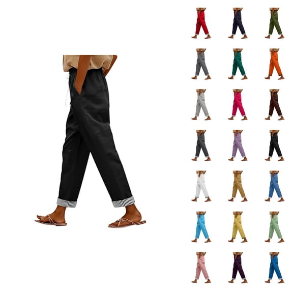 Cropped Beach Pants for Women 2026 Spring Summer Relaxed Fit Elastic Waist Straight Leg Lightweight Linen Pants with Pockets