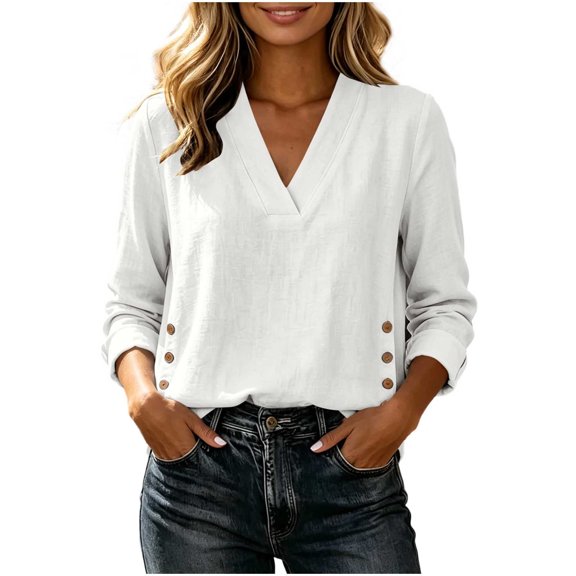 Cilsoka Oversized T Shirts for Women V Neck Linen Long Sleeve Shirts Side Button Solid Loose Casual Pullover Tops
