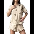 thumbnail image 3 of Conjunto de Pijama Estampado para Mujer: Jersey de Corta y Pantalón Corto Corazón de Amor Marrón L, 3 of 8