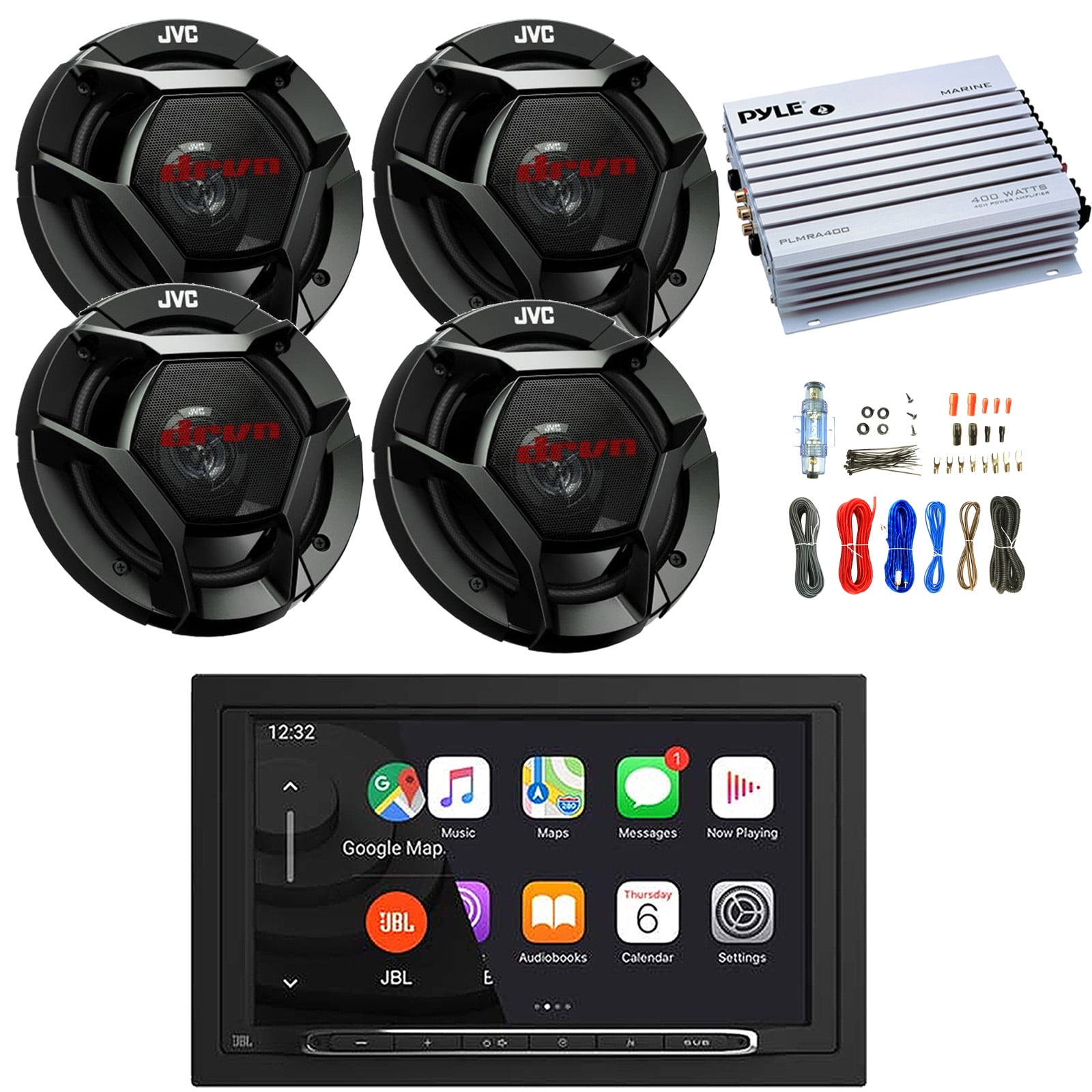 JBL Legend 700 7” Touchscreen Display Double-DIN Mechless Bluetooth AM/FM Receiver W/Wireless Apple CarPlay & Android Auto, 4x 6.5" 300W Peak Power 2-Way Car Audio Speakers, 4 Channel Amplifier W/Kit