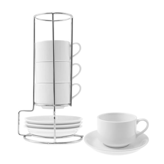 LINFANG 4 Pcs Ceramic Cappuccino Cup with Saucers and Metal Stand Stackable Espresso Cup for Espresso Specialty Coffee Drinks Latte Americano and Tea