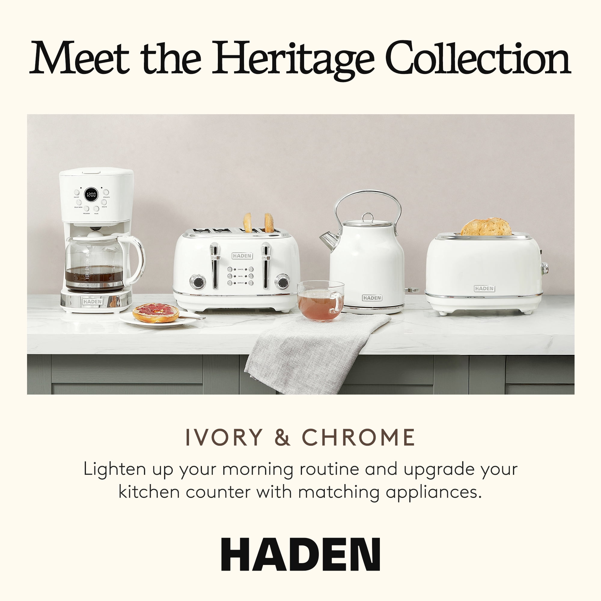 Haden Coffee Maker & Heritage 1.7 Liter Electric Kettle, Ivory & Chrome