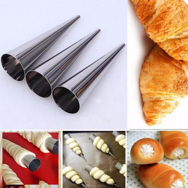 Molde para croissant de tubo danés cónico de acero inoxidable de 8 piezas, pan en espiral, herramientas para hornear danesas de tubo en espiral grande (2 tamaños)