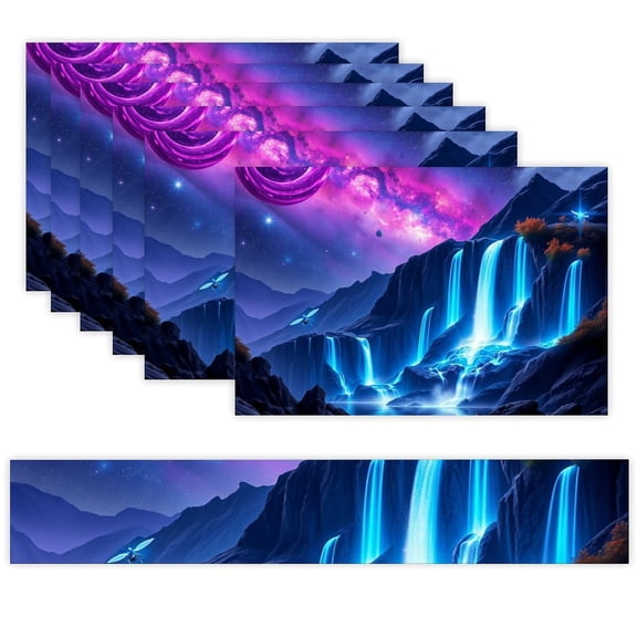 7 Piece Linen Table Runner and Placemats Set, Galaxy Waterfall Glow Round Corner Heat Resistant Washable Table Mats for Home Kitchen Dining Party Decoration