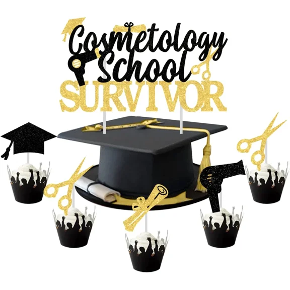 25Pcs Congrats Cosmetology Grad Cake Decorations Black Gold, Cosmetology School Survivor Cake Topper Barber Grad Cupcake Toppers for Barber Graduation Party Decoration Supplies