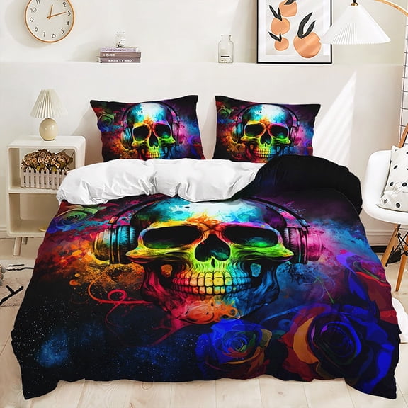 YJHDM 3D Skull Bedding Set Boys Men Quilt Cover Pillowcases 2/3pcs Halloween Horror Cover Gift