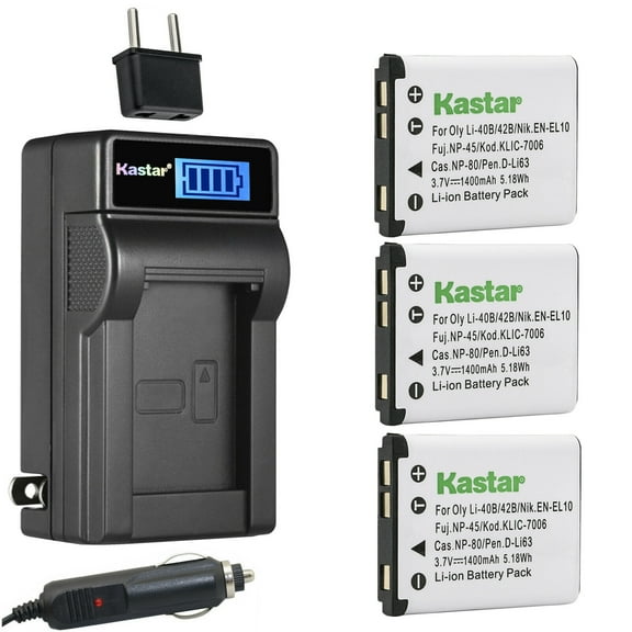 Kastar 3-Pack CNP-80 Battery and LCD AC Charger Compatible with Casio NP-80 NP-82 Battery, Casio BC-80L BC-81L Charger, Casio Exilim QV-R100, Exilim QV-R200, Exilim QV-R300 Digital Cameras