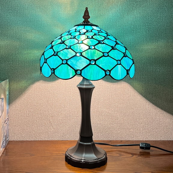 Tiffany Table Lamp,12" Medium Stained Glass Desk Lamp for Reading,Blue Nightstand Table Light for Living Room Bedroom Foyer Entryway