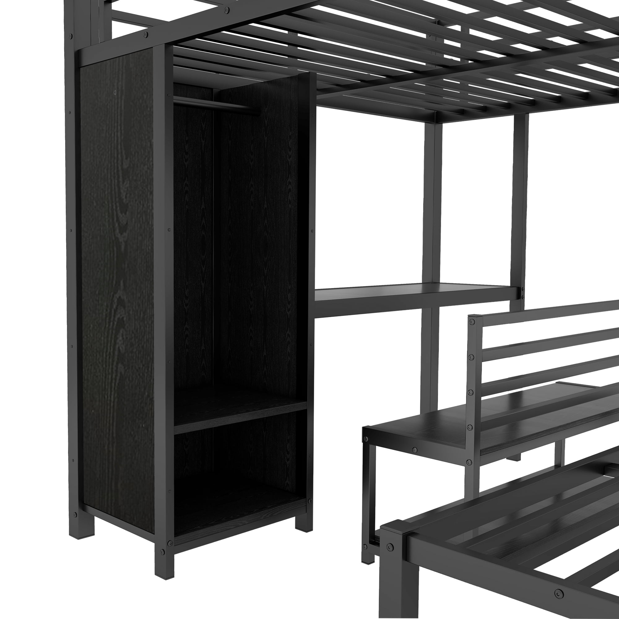 Queen over Queen Bunk Bed with Built-in Wardrobe,Heavy Duty Metal Bunk Bed with Desk and Storage Chairs,Black