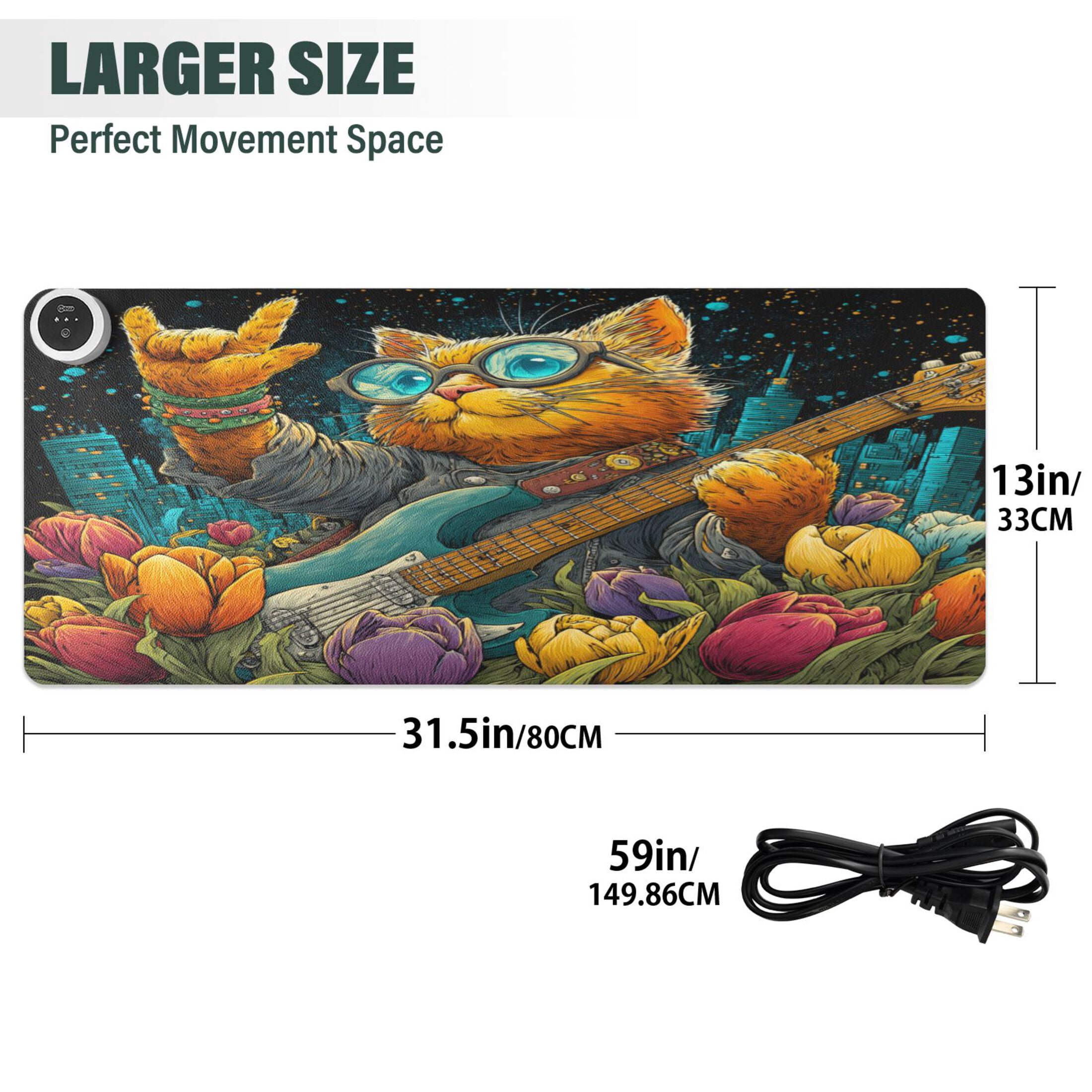 Large Heated Desk Mat Mouse Pad 31.5"x13"PU Leather Graphene Heating Desk Warmer with 3 Temperature Settings 110V US Plug Non-Slip Warm Pad for Home, Office, and Gaming Guitar Playing Cat