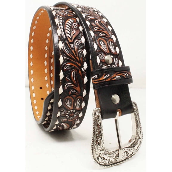 Men's 1-1/2" Wide Tan Leather Floral Tooled Casual Jean Belt 26FKBrown