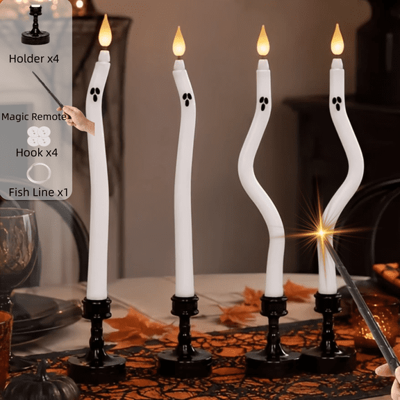 4 Pcs Halloween Decorations Indoor Curved Flameless Taper Ghost Candles with Magic Wand Remote Twisting Ghost Candles Decor LED Halloween Candles with Candlestick Holder