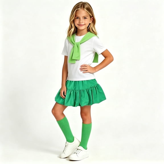 BRGZLK Back to School Outfits for Girls Summer Cute Solid Color Crewneck Short Sleeve T-Shirt and Paperbag Skirt & Plain Shawl & Socks Comfortable Breathable 4 Piece Sets Green 5-6 Years