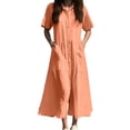 thumbnail image 1 of Vestido camisero largo con bolsillos y manga corta liso para mujer, poliéster spandex, estilo informal similar al lino, tallas S-XXXXXL, 1 of 5