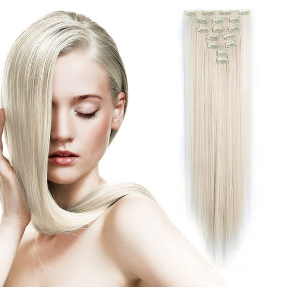 Onedor24" Straight Synthetic Clip in Hair Extensions. 7 individual pieces for multiple styles.140g (60#-Platinum Blonde)