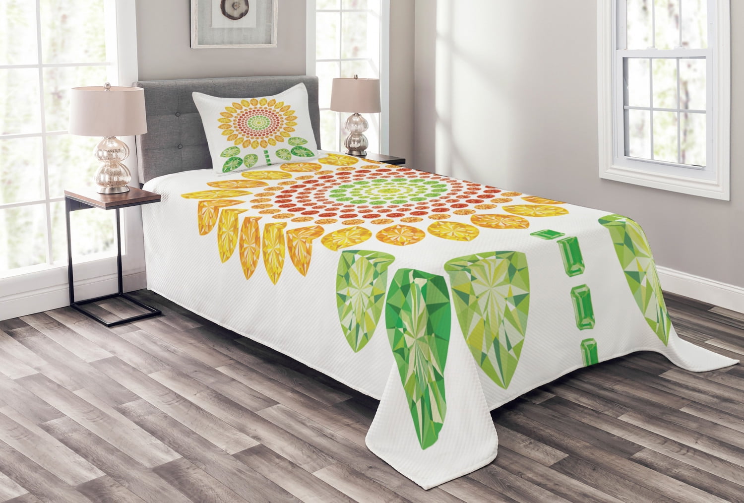 Sunflower Quilted Bedspread & Pillow Shams Set Minimalistic Artwork Print 