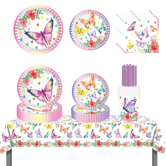 ZOOMPIL Fairy Dinnerware Party Bundle, Fairy Birthday Party Decorations Dinnerware - Includes Tablecloths, Paper Cups, Plates, Straws, Napkins, for Birthday Decorations, 8 guest