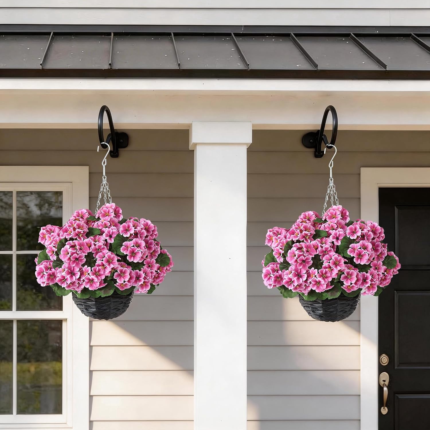 2 Set Artificial Geraniums Flowers with Hanging Baskets for Outdoors - Sun Resistant Silk with Geranium Flowers, Fake Hanging Planters for Front Porch Garden Patio Home Decor (Pink)