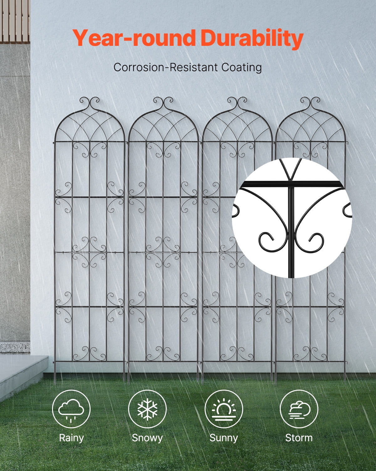 KFFKFF Garden Trellis for Climbing Plants, 87 x 20 in, Set of 4 Rust-Resistant Metal Trellises, Outdoor Plant Support for Roses, Cucumbers, and Clematis, Decorative Design for Gardens and Lawns