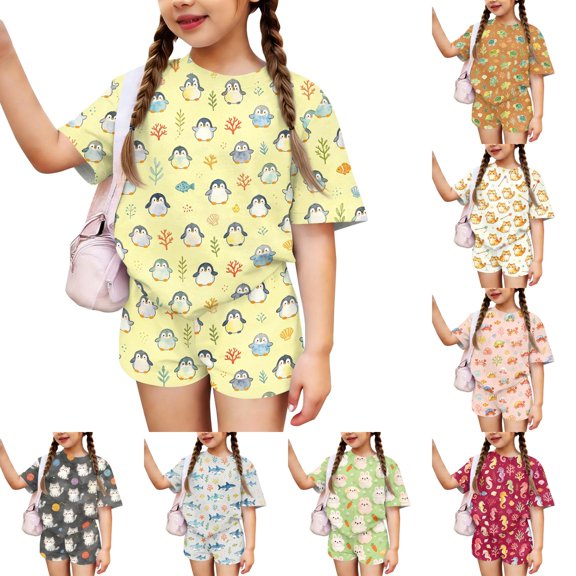 Grblisyd Girls Summer Outfits Size 10-12 Years Animal Print T-Shirts and Elastic Waist Shorts 2 Piece Outfit Kids Cute Clothing Sets