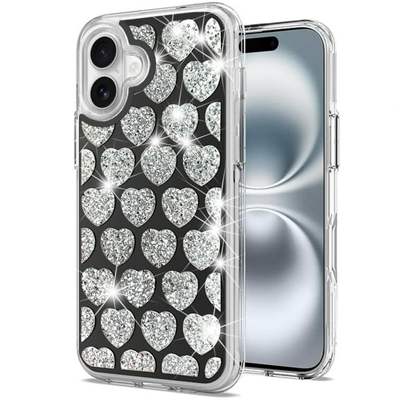 For Apple iPhone 16 (6.1") Sparkly 3D Design Diamond Shockproof Protective Bling Rhinestone Hybrid Skin PC   TPU Cover ,Xpm Phone Case [ Heart Black ]