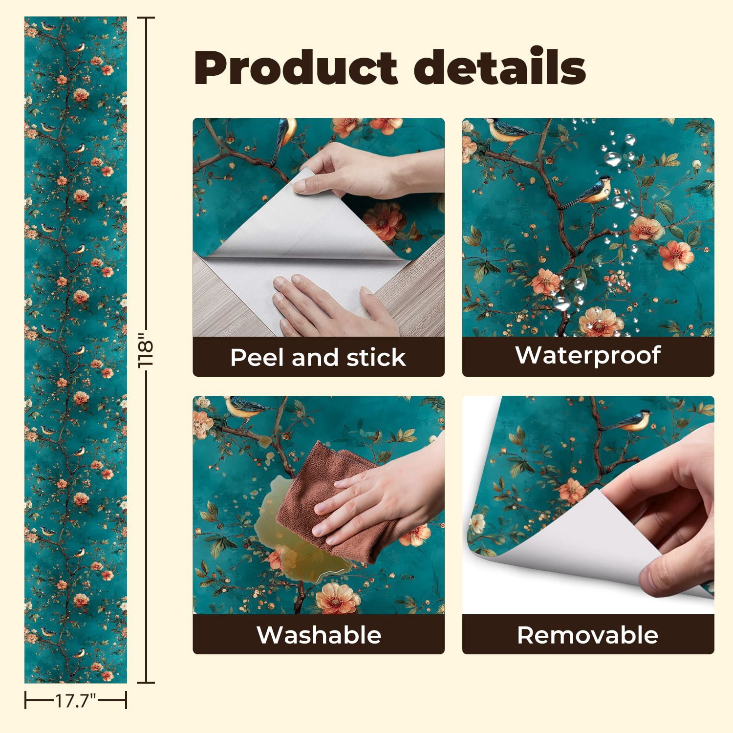 Peel and Stick Wallpaper Bluebirds Floral Branches Teal Vintage Floral Wall Mural 17.7in x 9.8ft Self Adhesive Removable Wall Paper Renter Friendly Wallpaper for Nursery Bedroom Cabinets