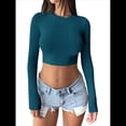 thumbnail image 2 of Tops Cortos de Larga para Mujer 2025 - Camisetas Básicas de Cuello Redondo y Corte Entallado para Otoño Azul Marino XL, 2 of 8