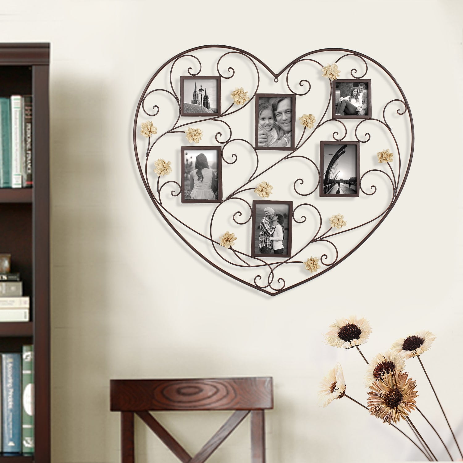 Photo 1 of Adeco Decorative Black Iron Heart-Shape 6 Opening Picture Frame Collage with Scroll and Burlap Flower Design