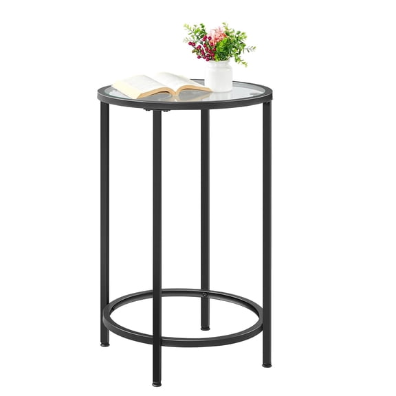 Round Accent Table with Glass Top,Sofa End Table with Metal Frame and Protective Foot Pads for Living Room,Balcony,Bedroom,Black