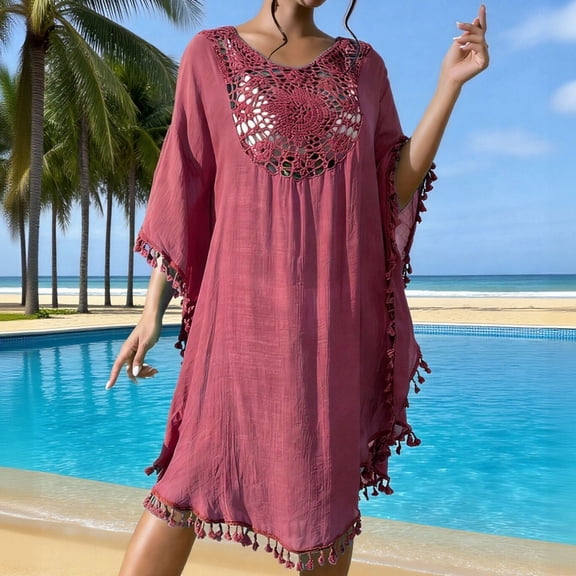 Xuyuer Women's Swimsuit Coverup Crochet Chiffon Tassel Cover Ups Dress Summer Swimwear Beach Lace Pullover Bathing Suit