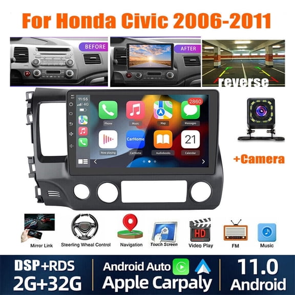 Radio for Honda Civic 2006-2011 Car Stereo with Wireless Carplay Android Auto,10 Inch Android 13 Touch Screen WiFi GPS Navigation with Camera