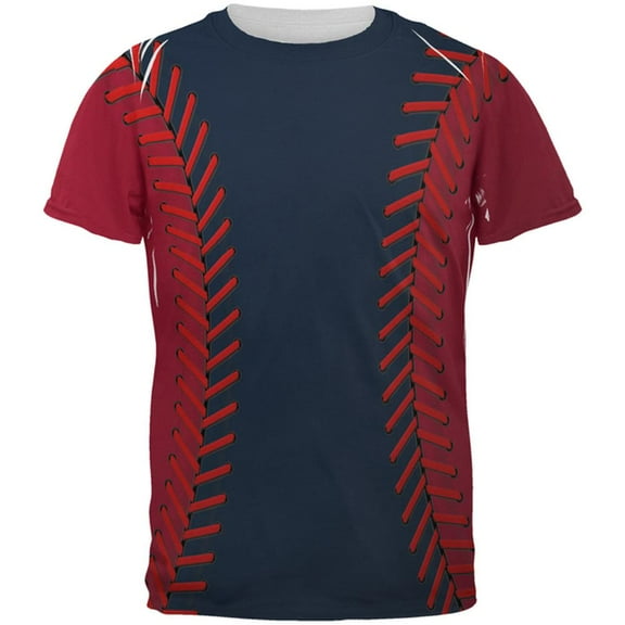 Baseball League Navy Blue and Scarlet All Over Mens T Shirt