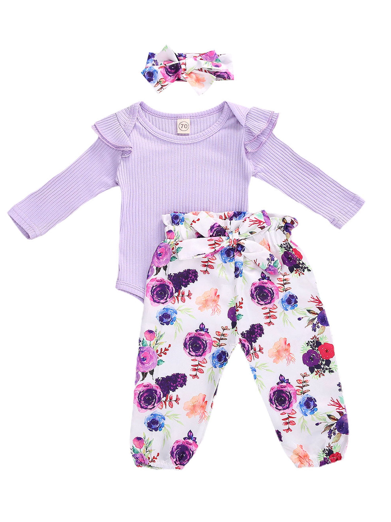3Pcs Baby Girl’s Clothes Sweet Solid Color Long Sleeve Jumpsuit and Flower Long Pants with Headband