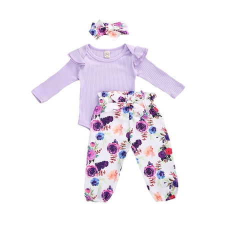 

Gureui Infant Baby Girl Clothes Solid Ruffle Romper Bodysuit Jumpsuit Floral Pants Headband Outfit Set 3Pcs