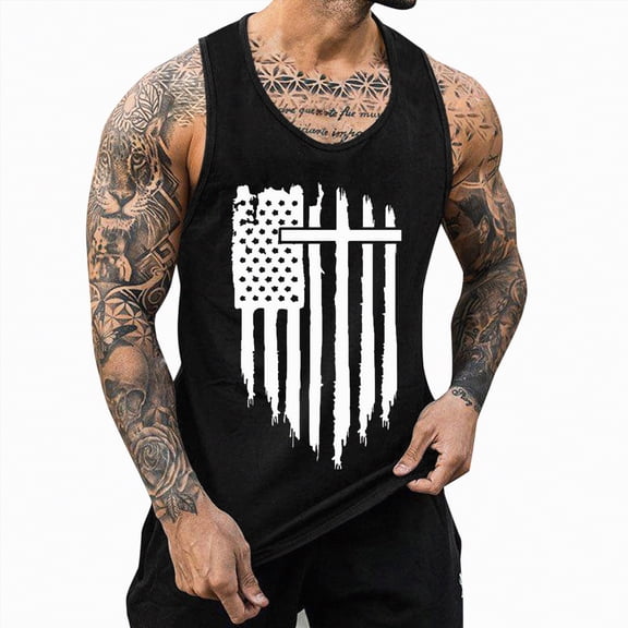 HCNTES American Flag Tank Top for Men - USA Patriotic 4th of July Shirt | Merica Sleeveless Tops for Memorial Day(Black,L)
