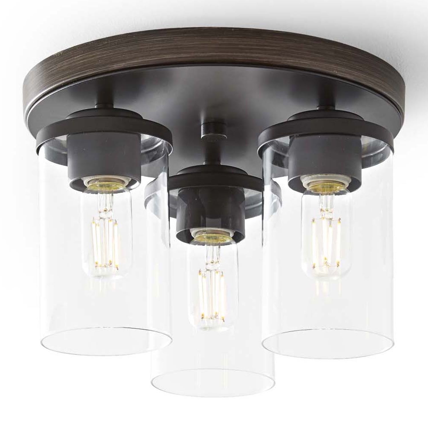 (2 pack) Better Homes & Gardens 12" Farmhouse 3-Light Walnut Flush Mount Ceiling Light, Clear Glass Shades