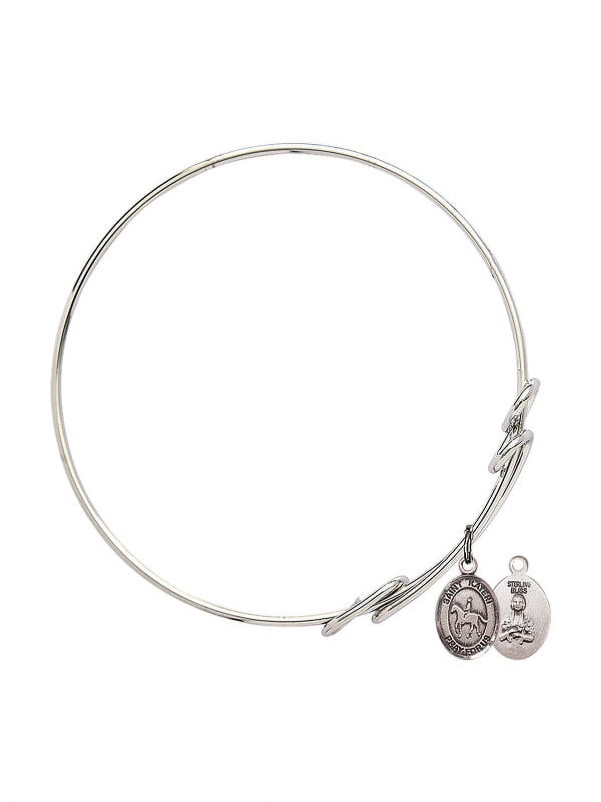 8 1/2 inch Round Double Loop Bangle Bracelet w/ St. Kateri/Equestrian in Sterling Silver